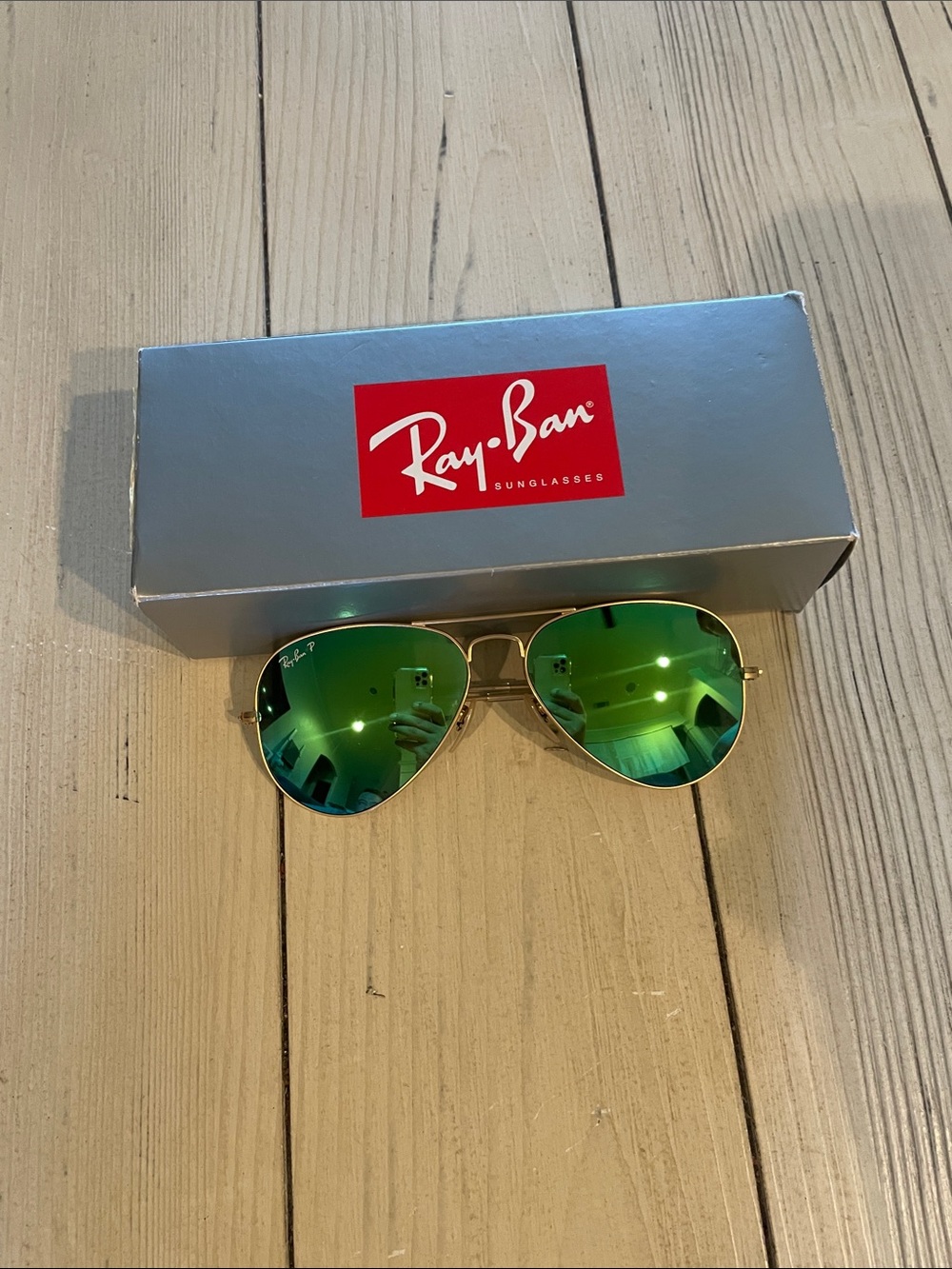 Ray-Ban Gold Frame Sunglasses with Green Mirrored Lenses